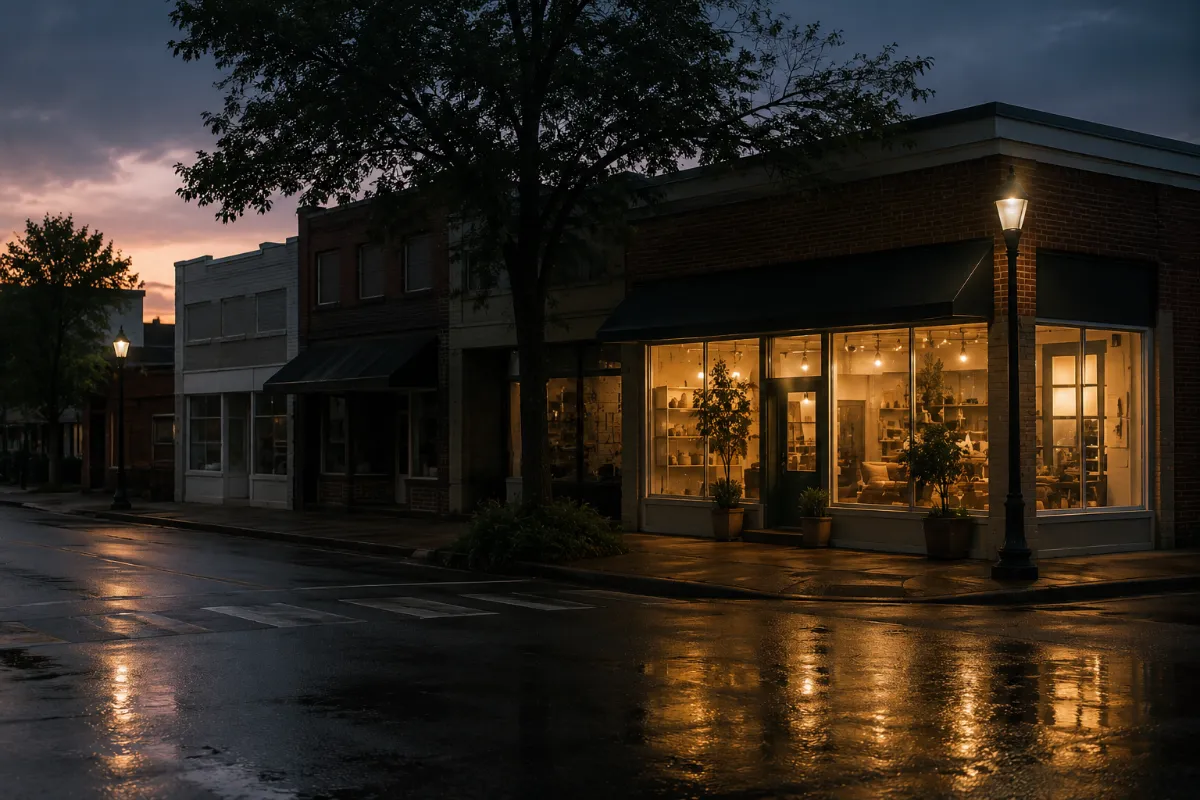 A small-town street at dusk with one shop still lit