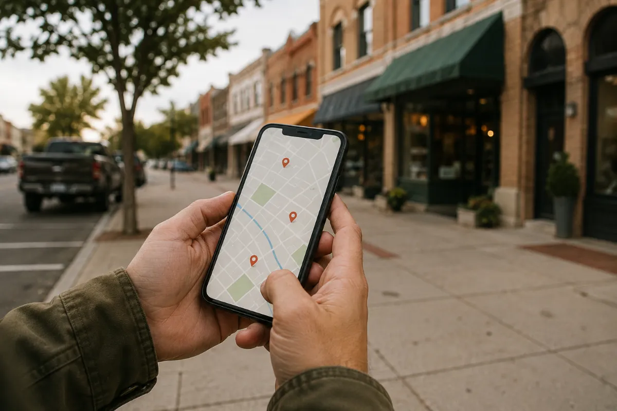 Someone standing on a small-town main street, checking a map on their phone