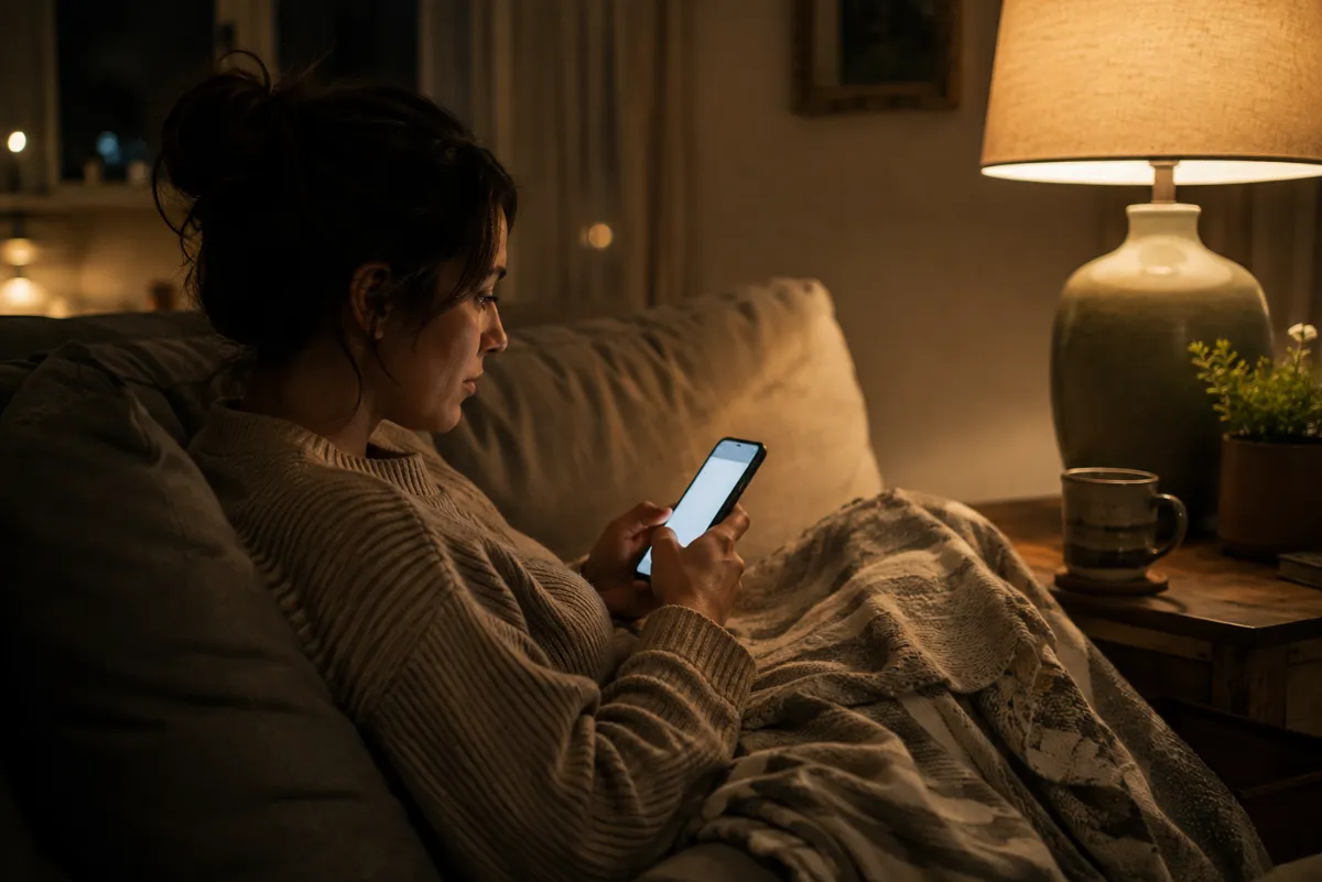 Someone booking an appointment on their phone from the sofa in the evening