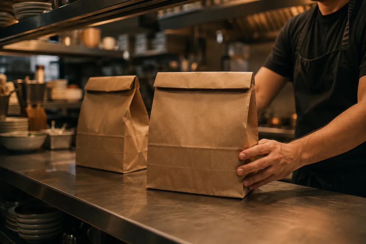 Takeaway bags packed and waiting on the pass in a small kitchen