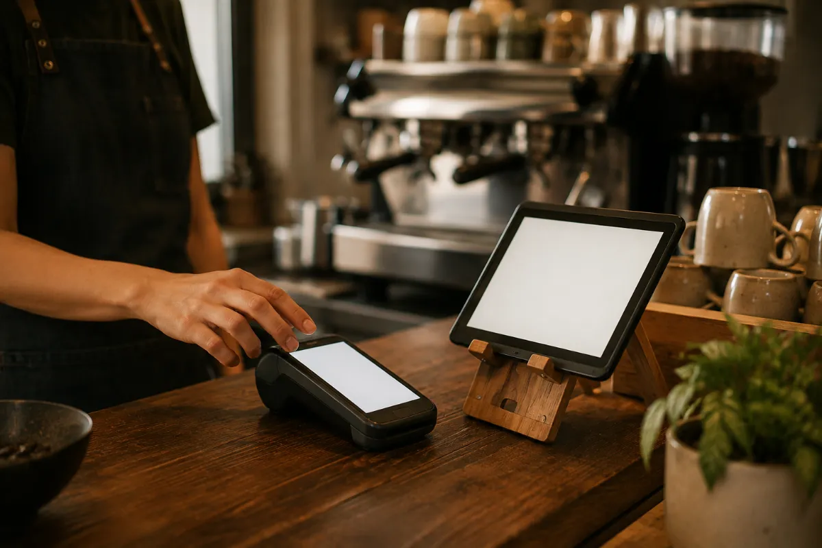 A card terminal and an order tablet side by side on a cafe counter