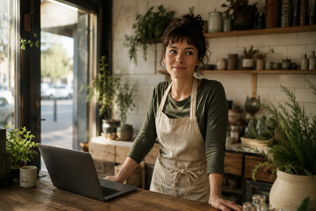 The owner of a small shop behind the counter, laptop open, as a customer arrives